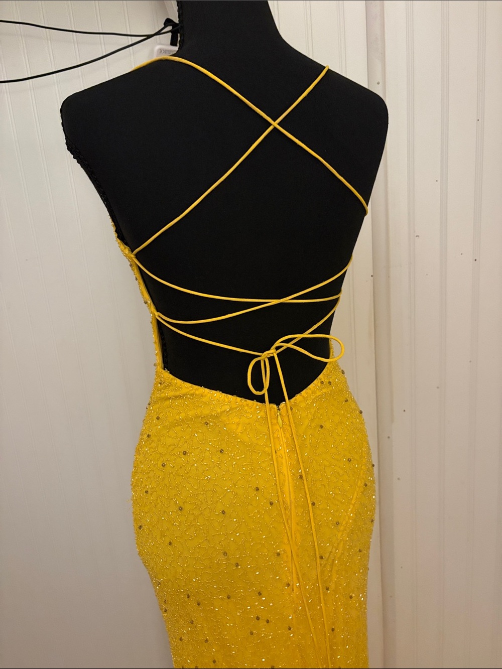 Yellow Beaded Spaghetti-Strap Evening Gown